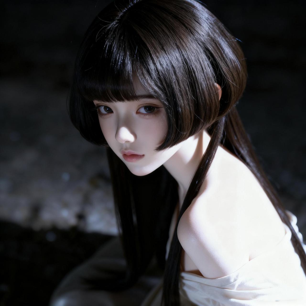 摄影师以极简构图放大了人物的情绪张力，对称式的画面里，垂落的长发形成纵向线条，与