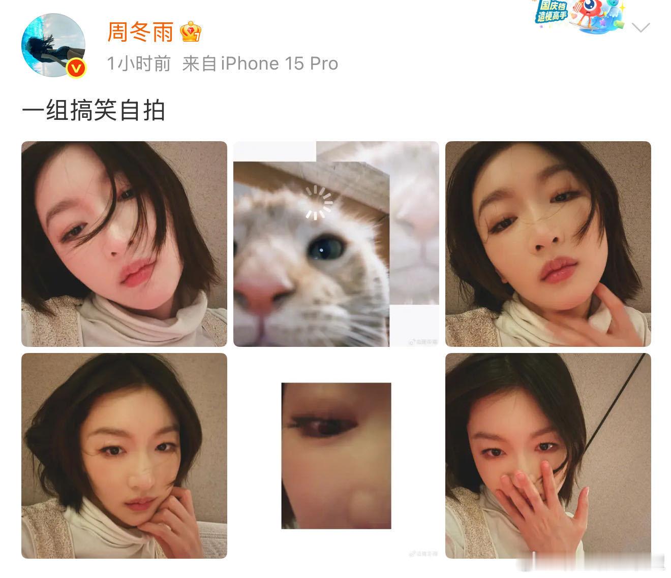 周冬雨的一组搞笑自拍周冬雨cos思考小猫就这样被轻轻萌到，这个自拍技术是和小猫