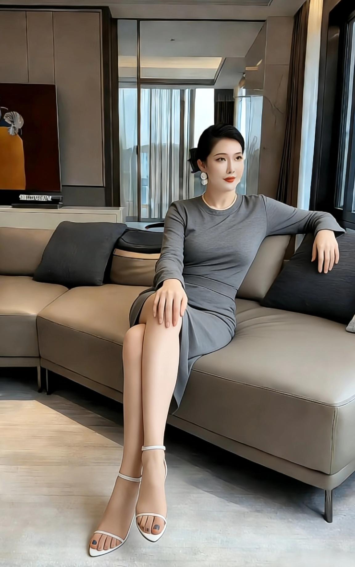 这姑娘坐在沙发上，看着真舒服。