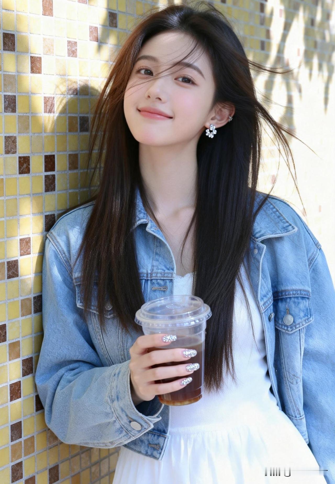 阳光明媚的午后，少女轻抚发丝，手捧冰饮，微笑如花。