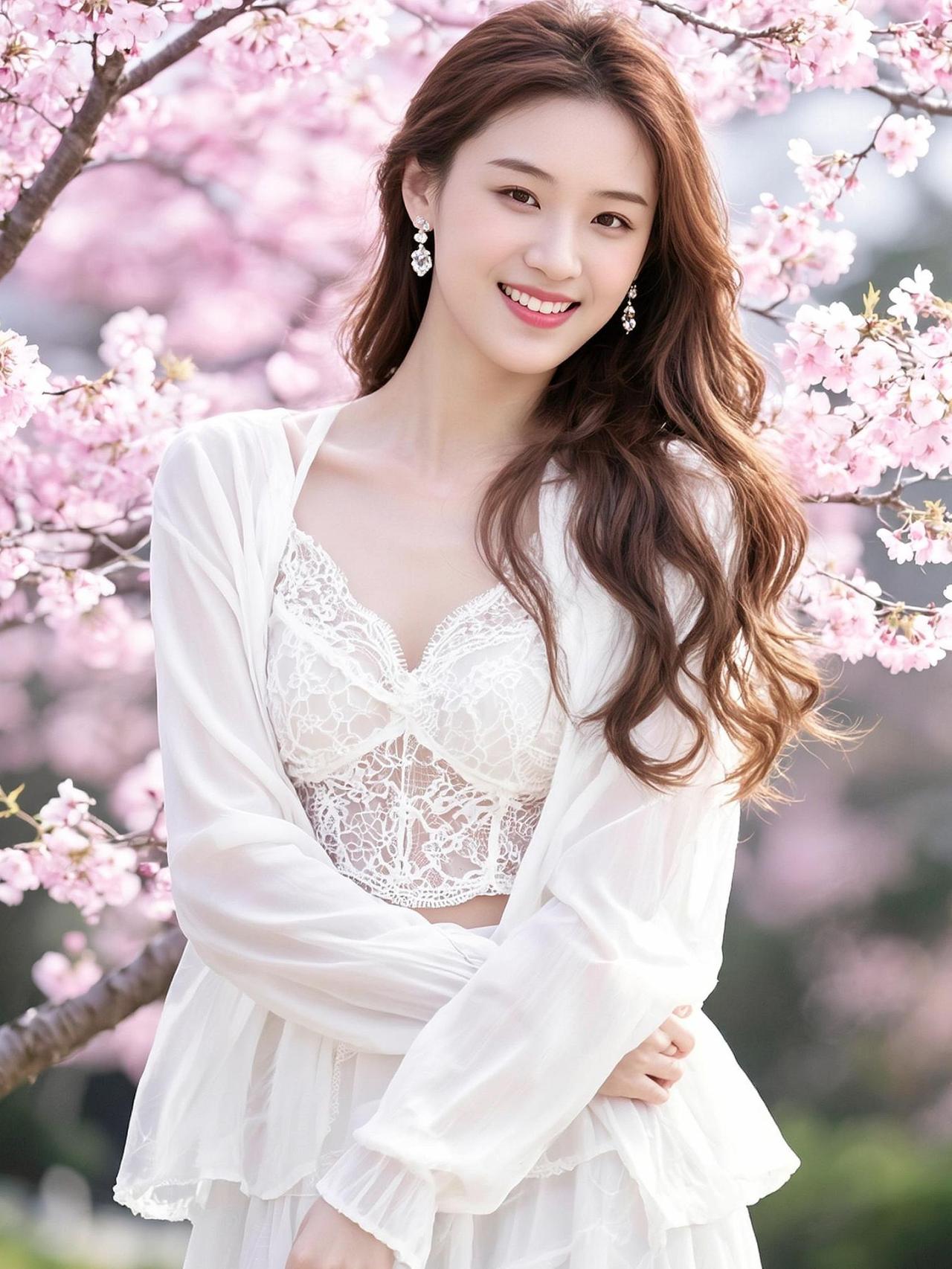 在樱花盛开的季节，一袭白纱仿佛与花瓣融为一体，温柔了整个春天。阳光透过枝叶洒下斑
