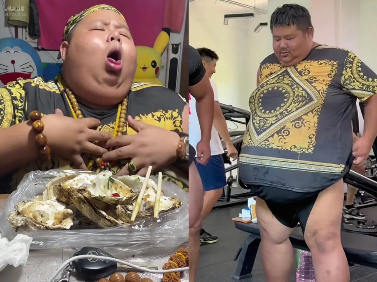 33岁吃播网红良子，他是一个胖子，体重343斤，不愧是吃播网红，名副其实的样子。