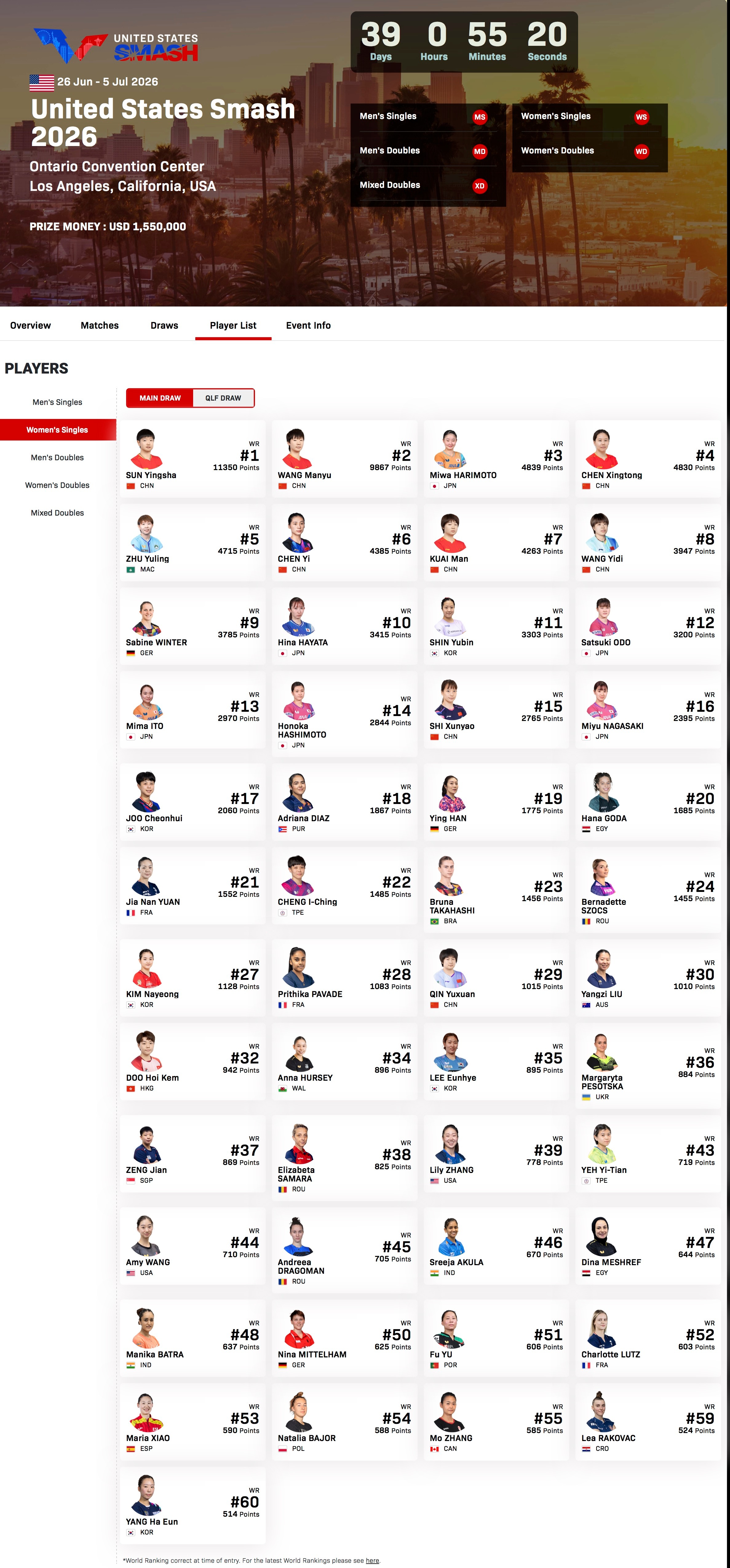【WTT美国大满贯2026·赛事资讯】时间：2026.6.28-2026.7.5