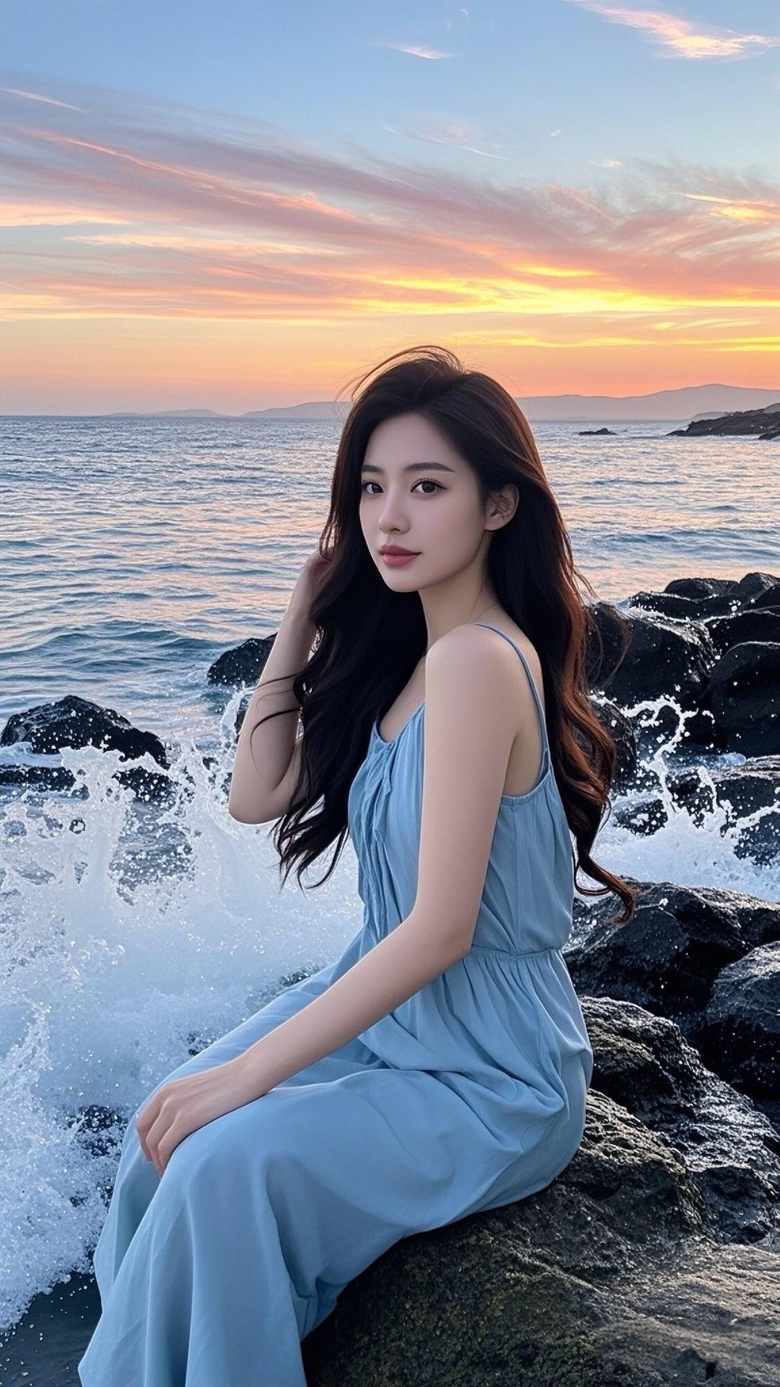 温柔时光，海风吹拂，轻纱飘逸，浅蓝色长裙与海浪相映成趣。