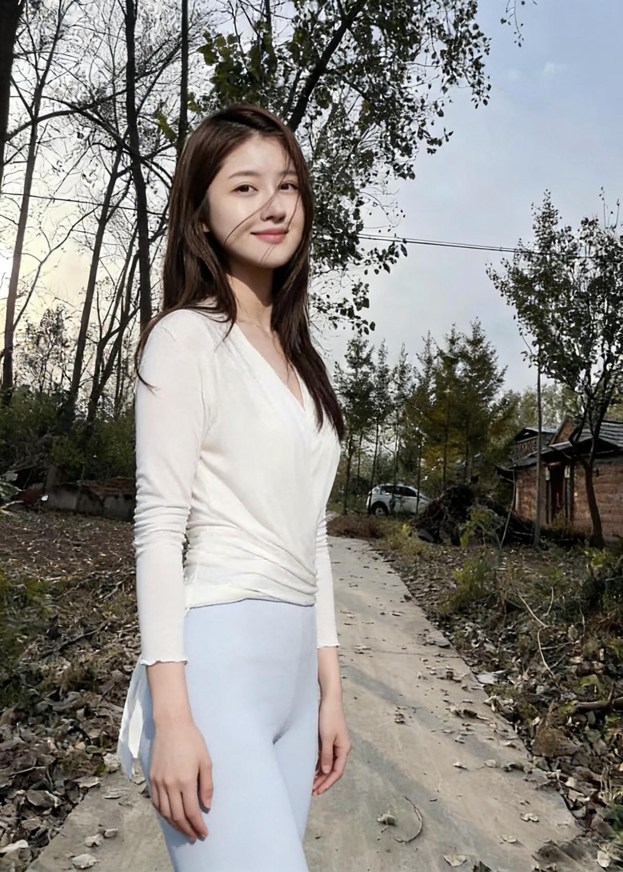 郊野的风扯动她的发梢枯树叶在脚边打旋白衫裹着轻盈的骨相浅蓝裤装，漾着温柔的