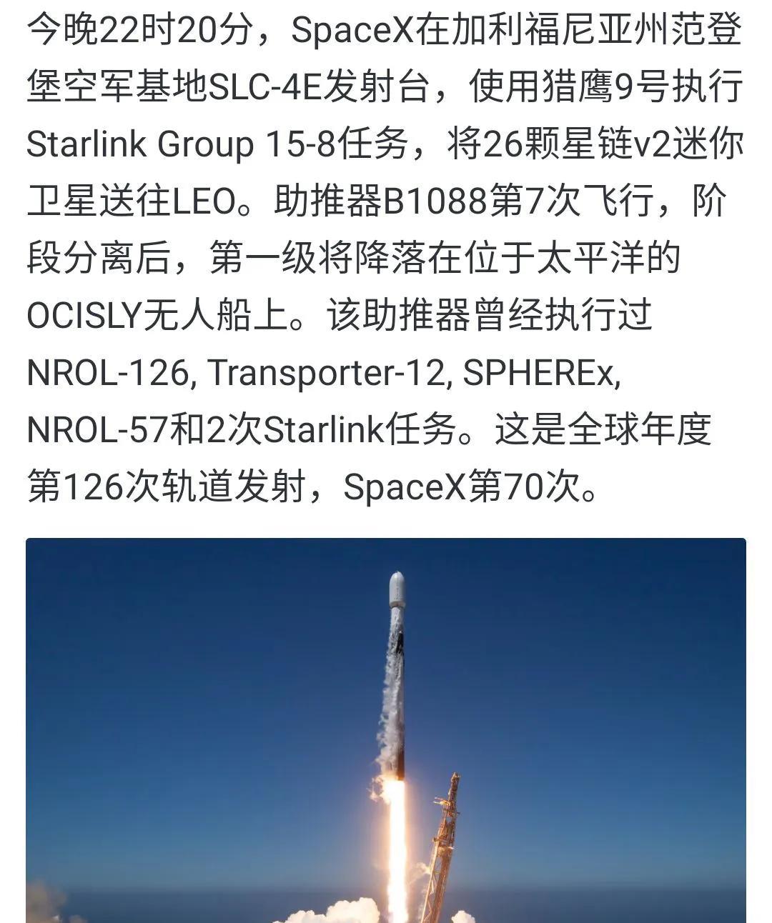 马斯克已经完成全年第70次发射。