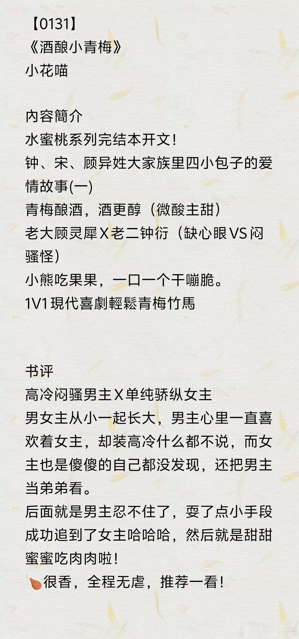 推文今日书单：《酒酿小青梅》by小花喵《良药心上寻》by东竹《穿进书里爱男二