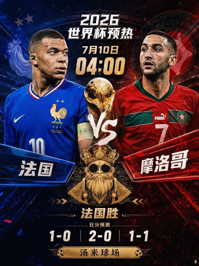下午好兄弟们，今晚淘汰赛只有一场，听汤米来给大家分享——法国vs摩洛哥2026世