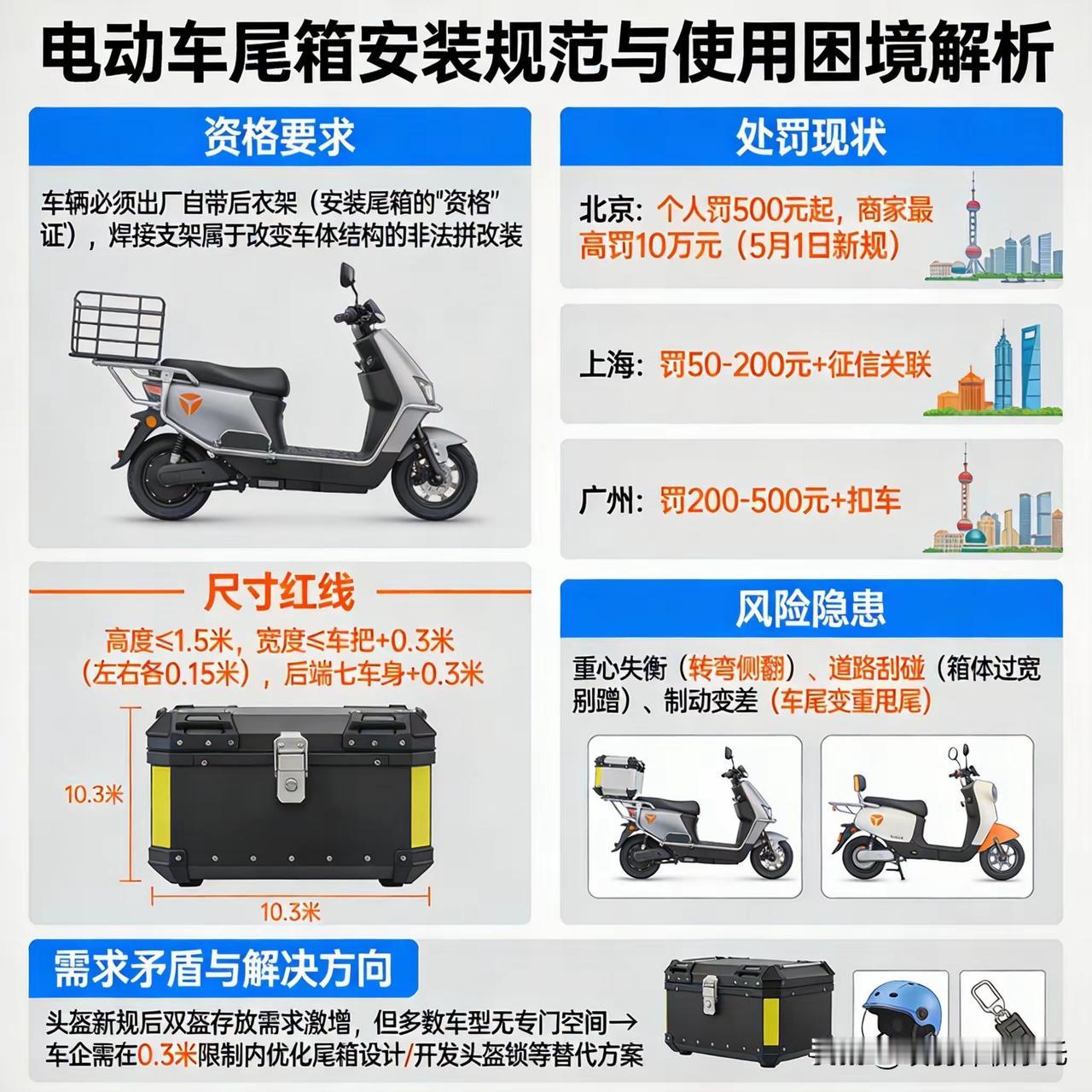 2026年5月，北京、上海、广州严查电动车尾箱非法改装，个人罚款500元起步。合