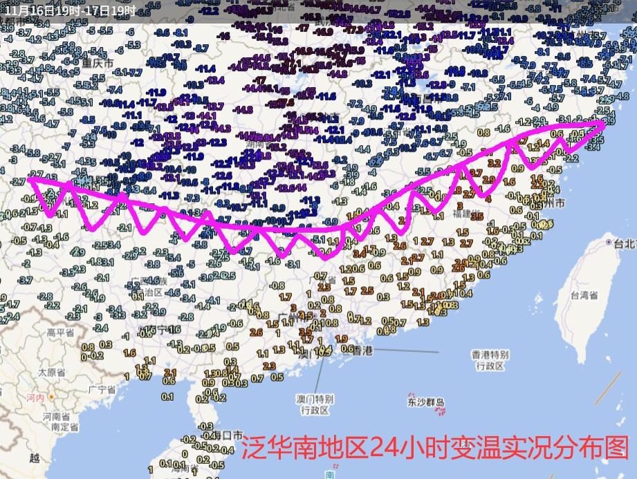 目前强冷空气已经渗透进入广东北部市县，南岭北侧的省份24小时变温已经超过-10℃