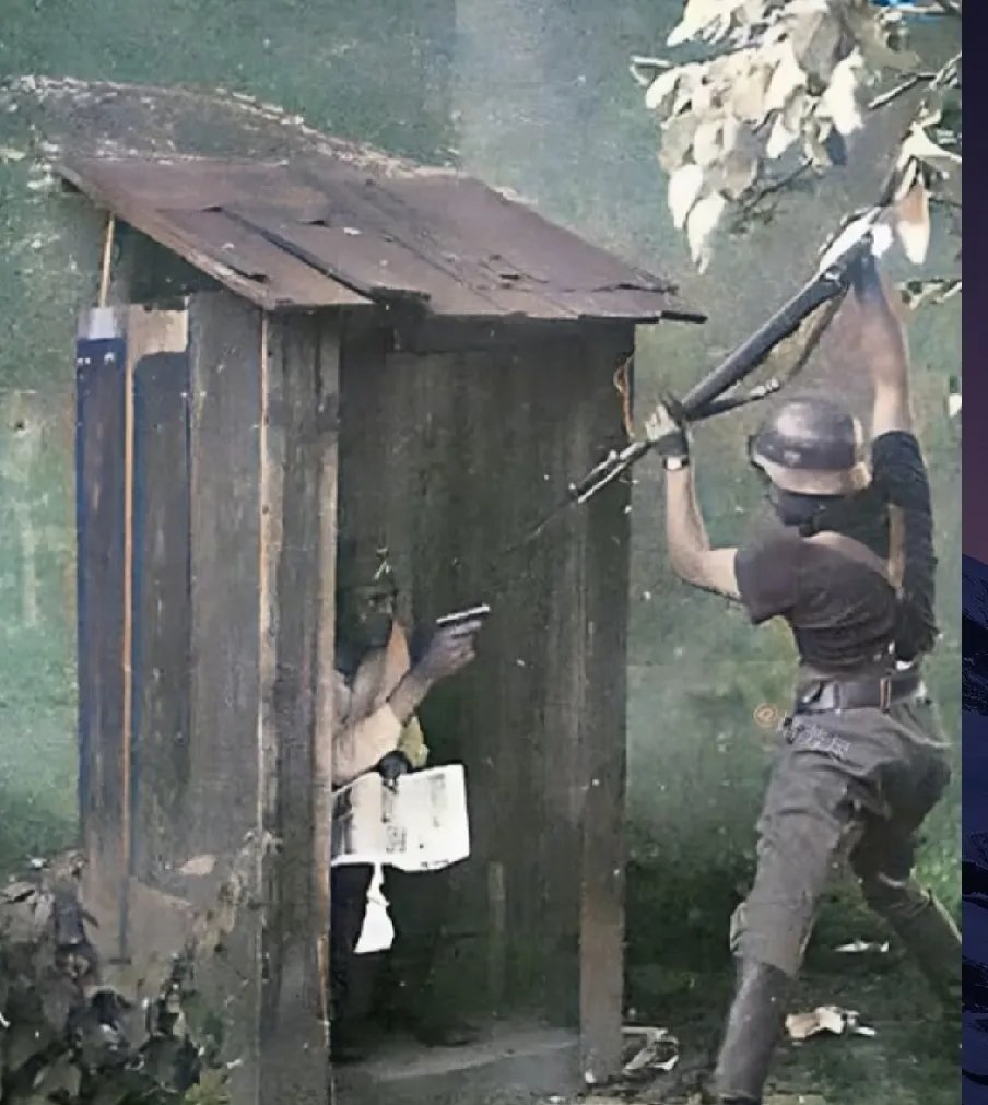 40年代，欧洲发生了“厕所保卫战”，一名二战士兵蹲在狭小的厕所里手里拿着报纸，占
