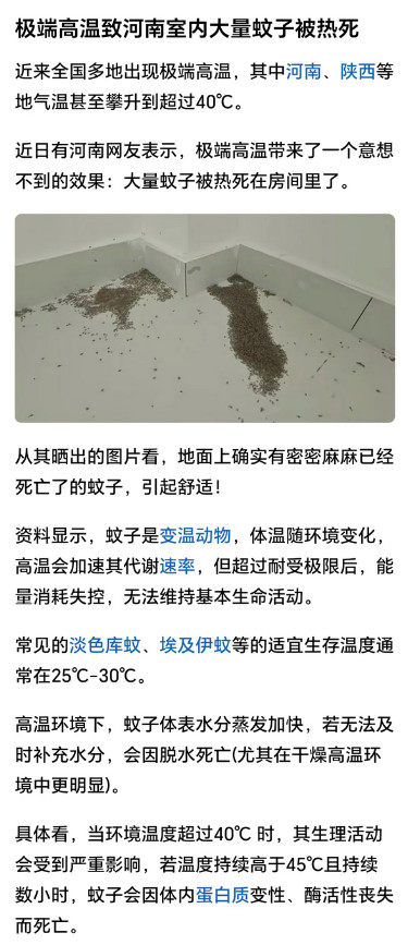 这是什么理论和科学依据？蚊子因为夏天天气太热，被热死了？这是玄学，还是科学？