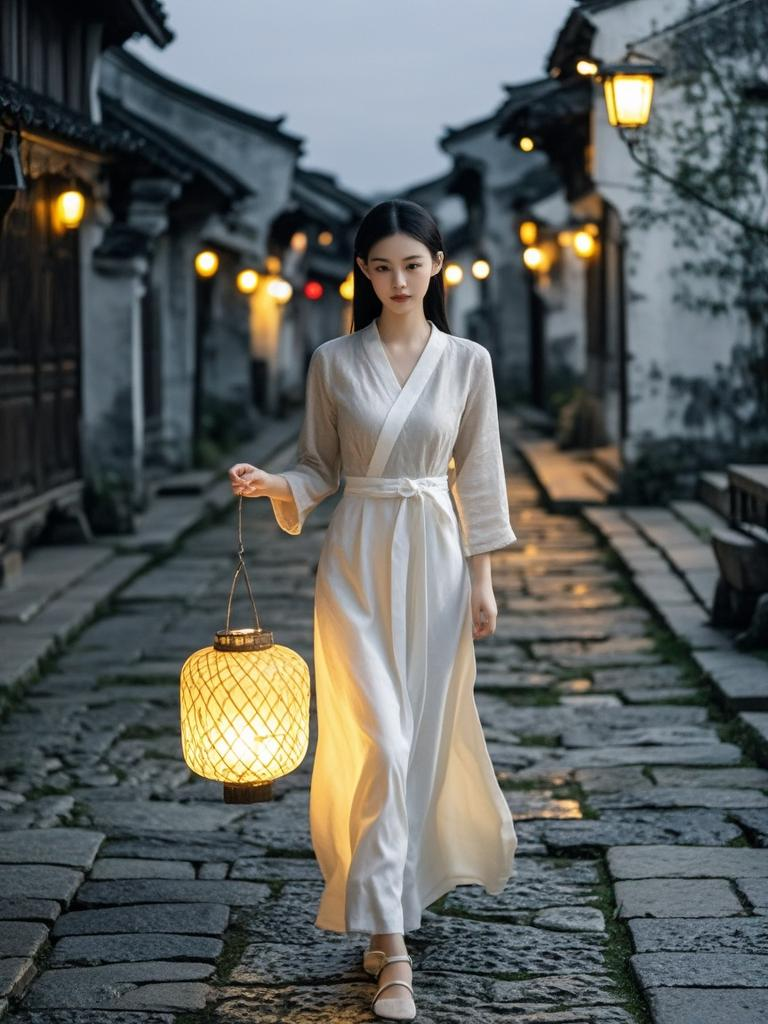 古镇石板路美女神秘夜行