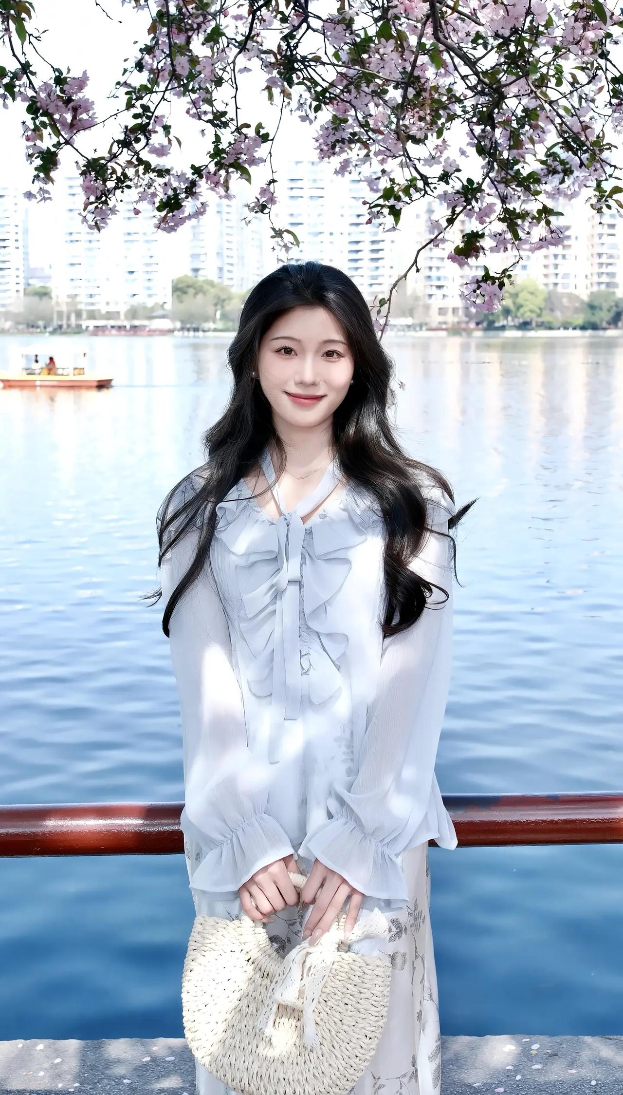 湖畔花影动，轻纱拂水边。