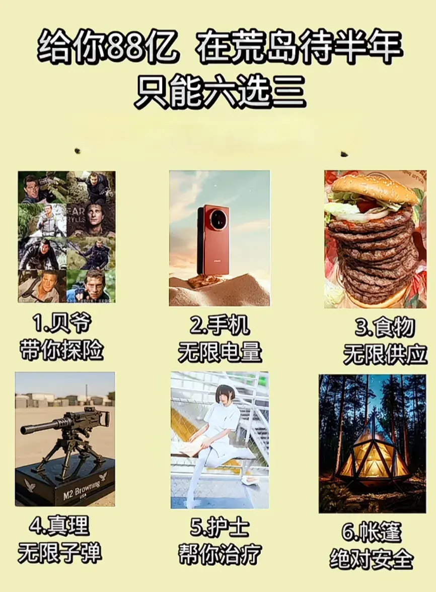 挑战88亿，在荒岛待半年图中六项选三，你会怎么选❓我选1.4.6
