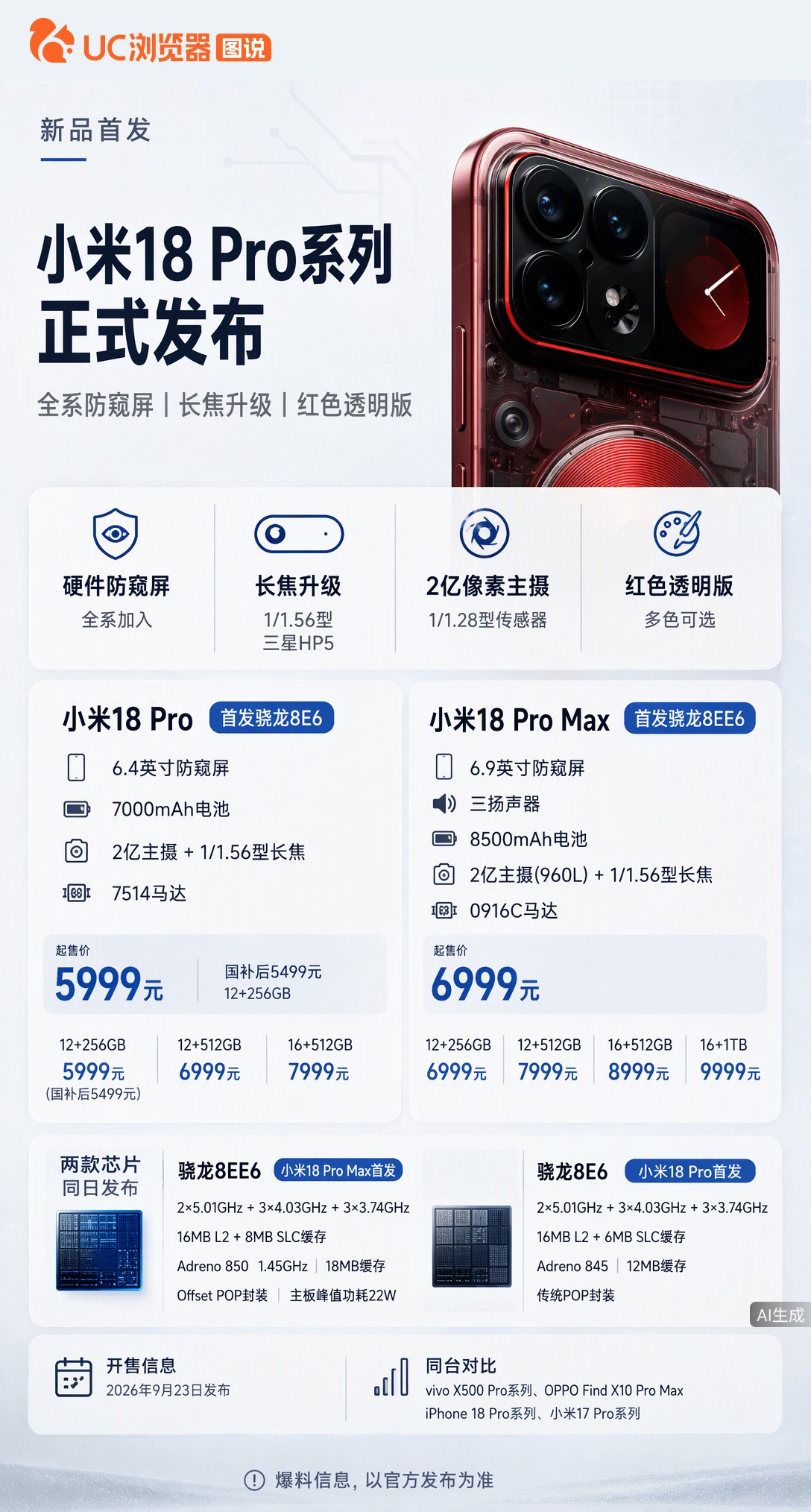 小米18Pro系列5999元起，全系标配硬件防窥屏和2亿像素长焦。Pro版首发骁龙8E6独占半年，但