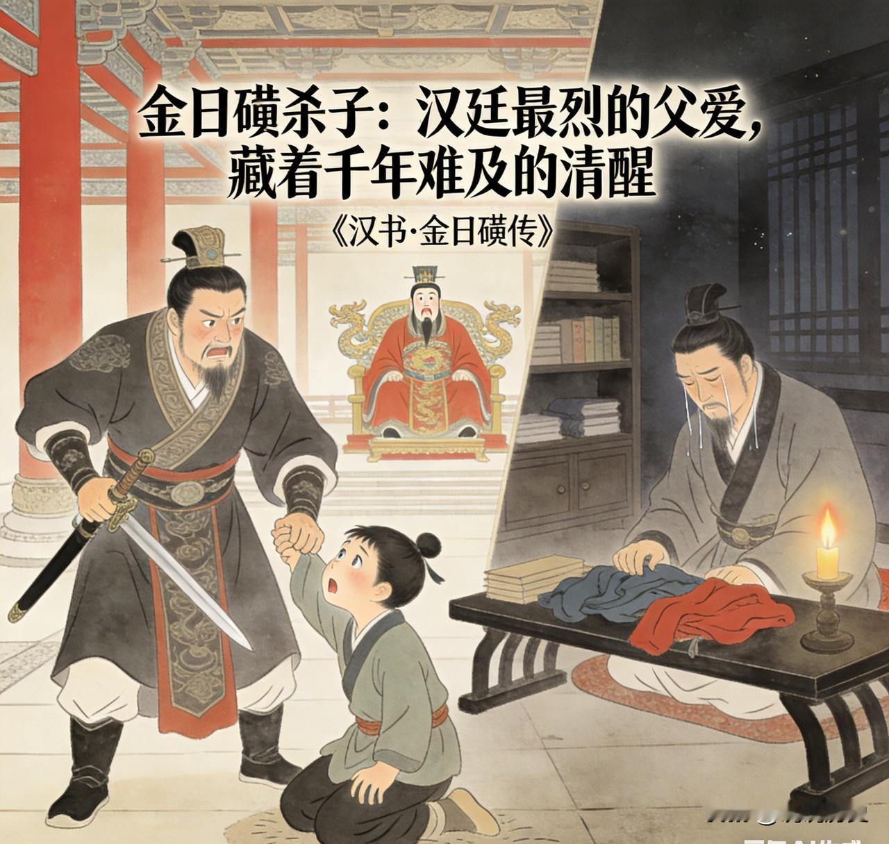 汉武帝很喜欢金日磾的儿子，时常召入宫中玩耍。这天，金日磾看见儿子正在殿下玩耍，他