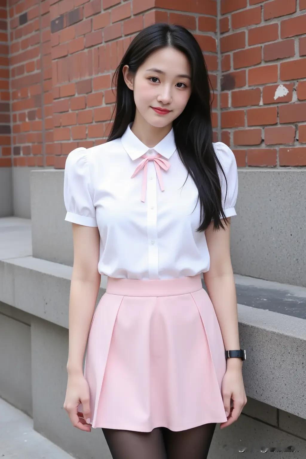 白色衬衫+粉色百褶裙，绝对是元气少女的标配穿搭！白衬衫干净清爽，可盐可甜，粉色百