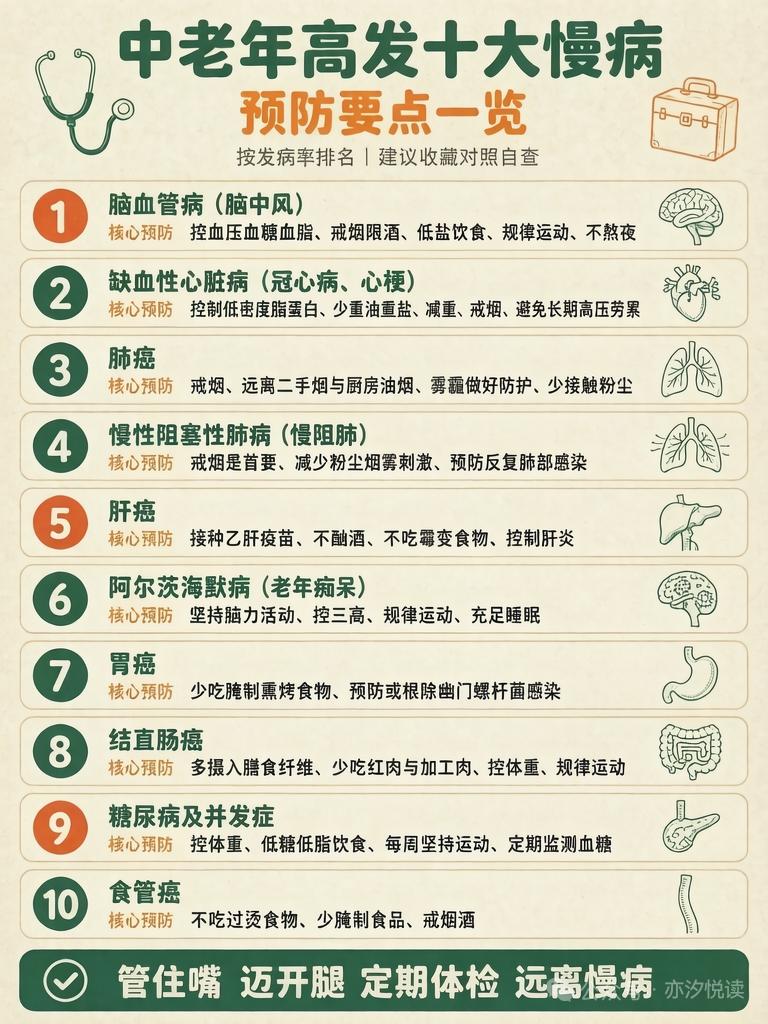 中老年十大高发慢病，预防要点全知晓！管住嘴，迈开腿，定期体检，远离慢病侵扰！
