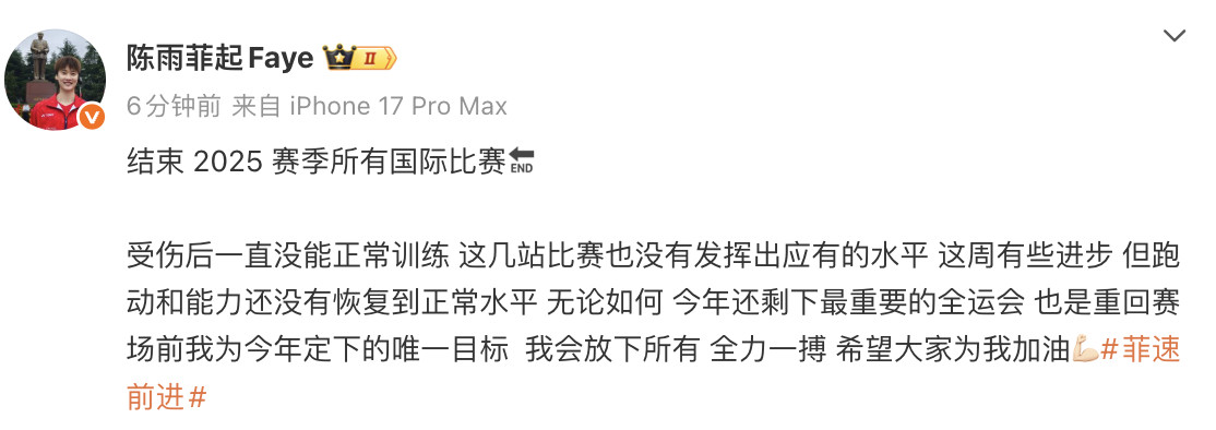 陈雨菲总结2025年国际比赛发博：结束2025赛季所有国际比赛🔚受伤后一