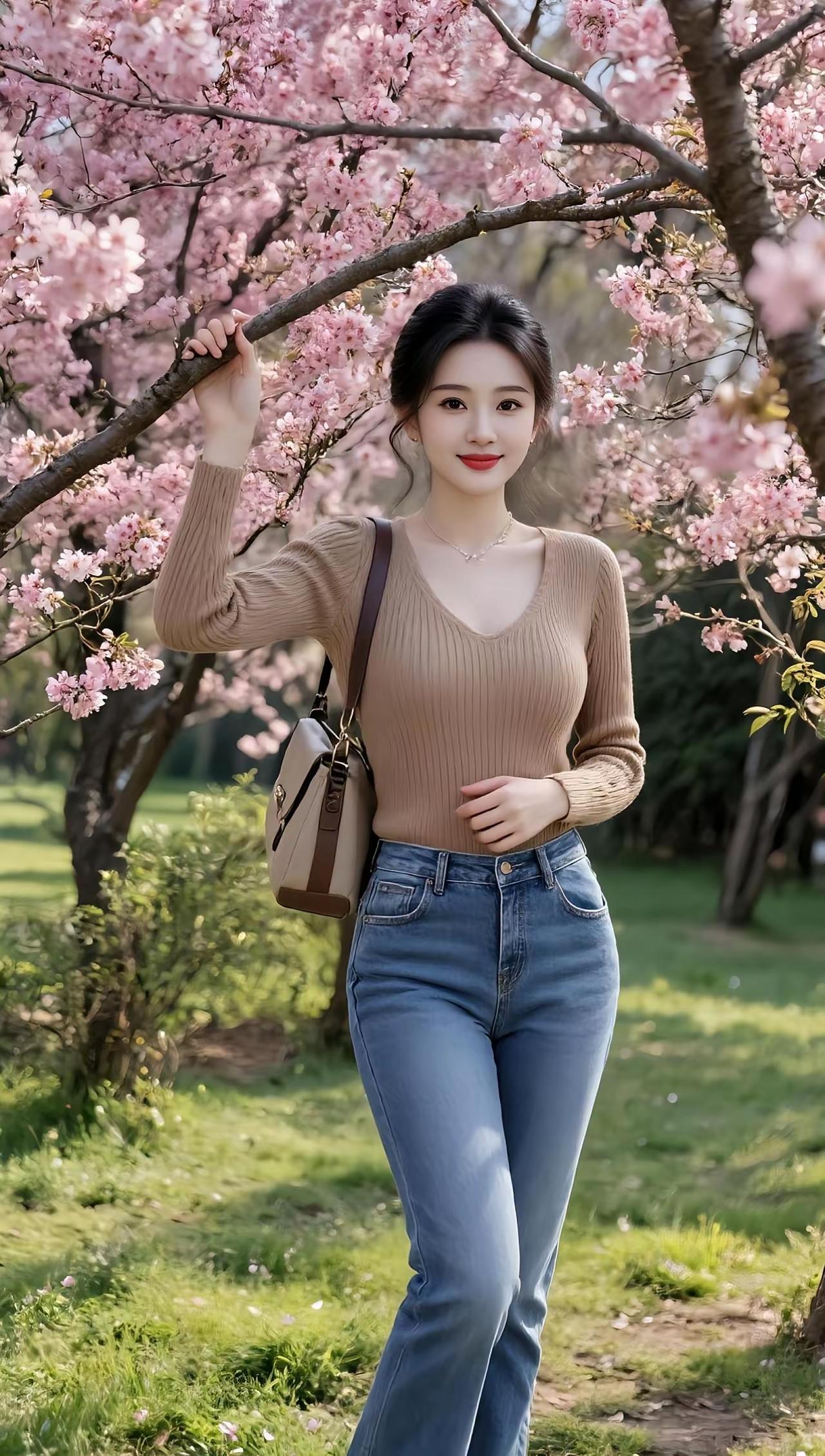 美女在花树下，笑容甜美。
