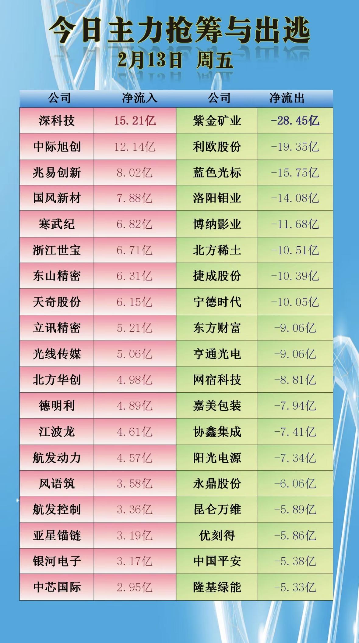 2月13今日主力抢筹与出逃，市场动向一览无余！主力资金动向分化，科技与能源板