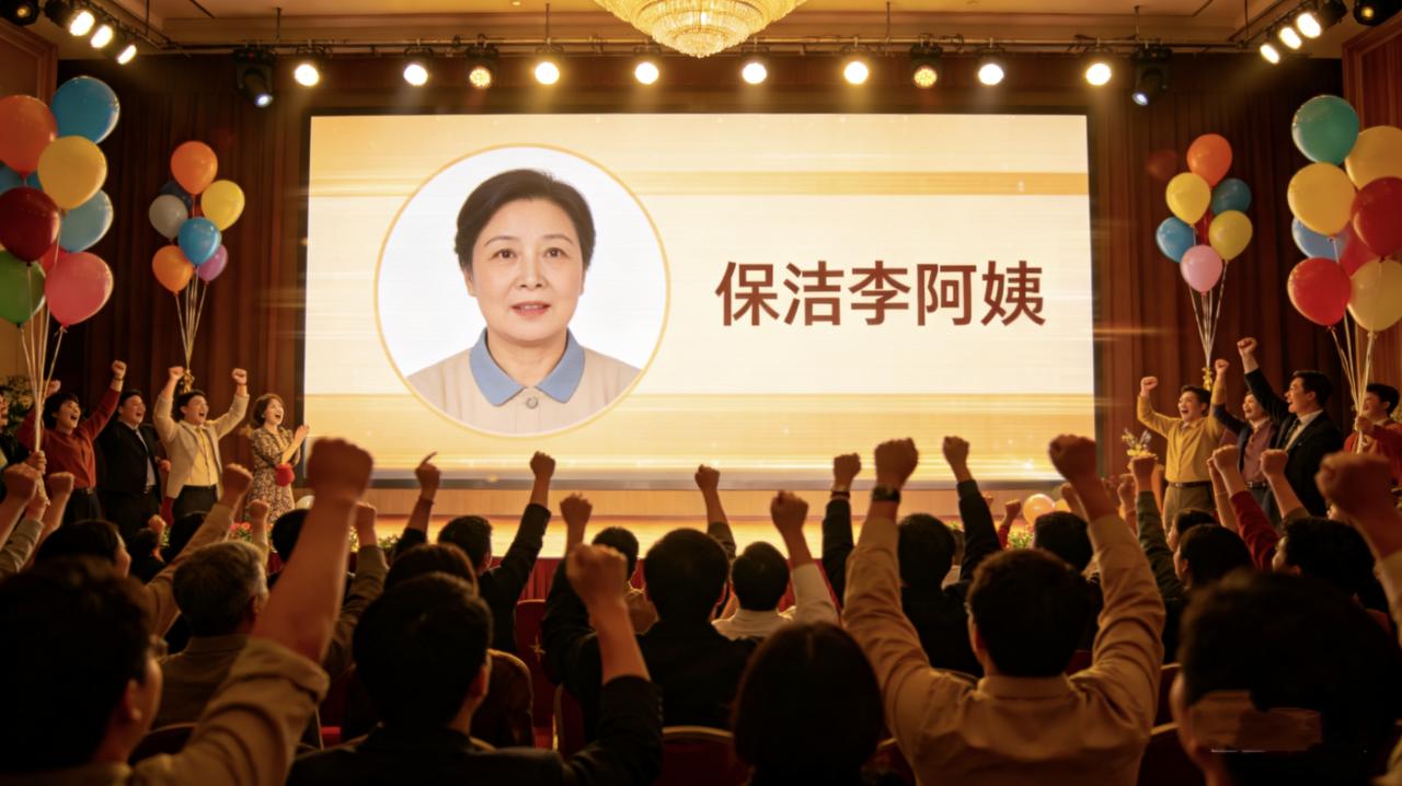 公司年会抽奖，一等奖是最新款手机。大屏幕滚动，停住——保洁李阿姨。全场鼓掌，