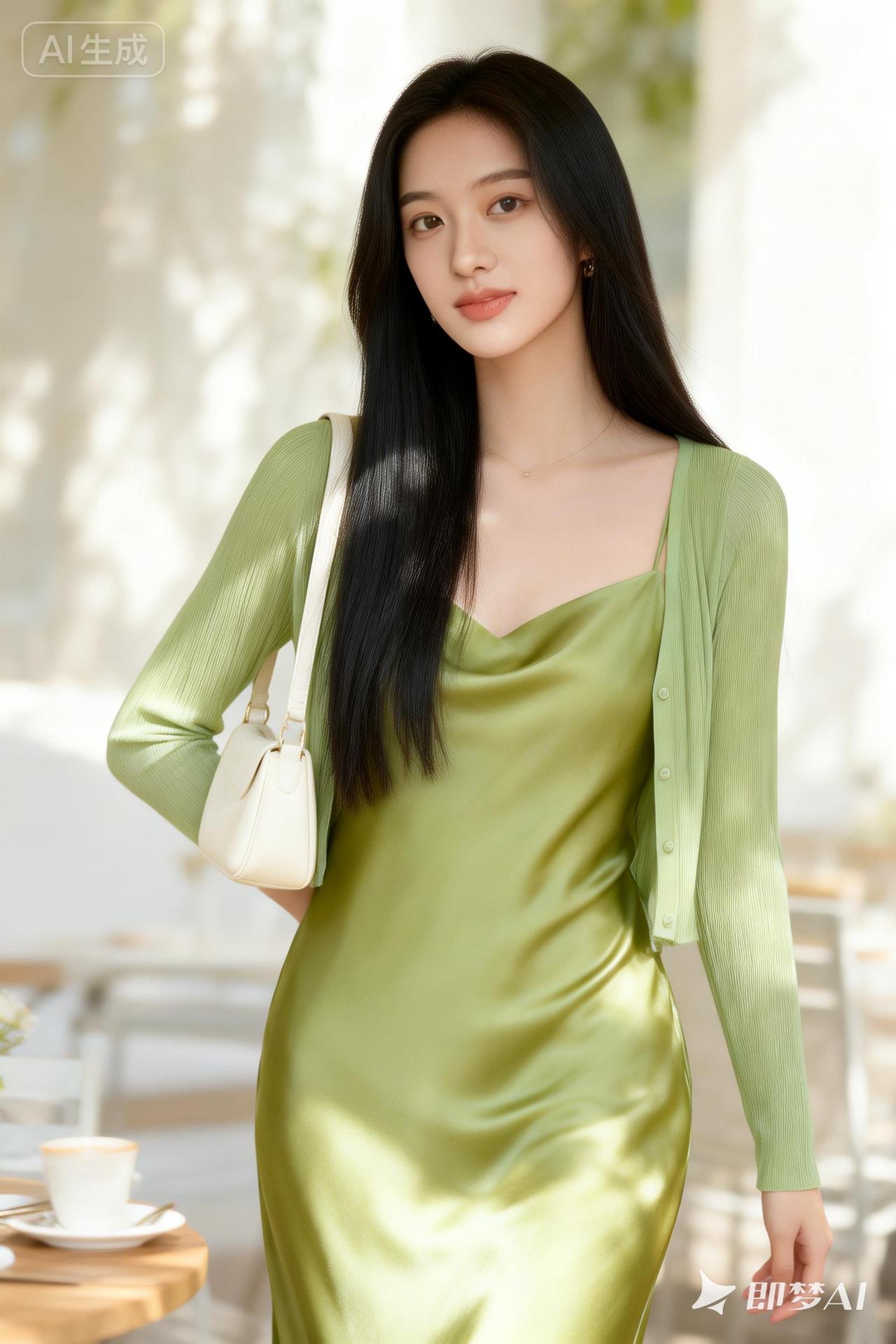 清新自然，优雅气质，绿色连衣裙搭配白色包包，完美呈现时尚与自然之美。