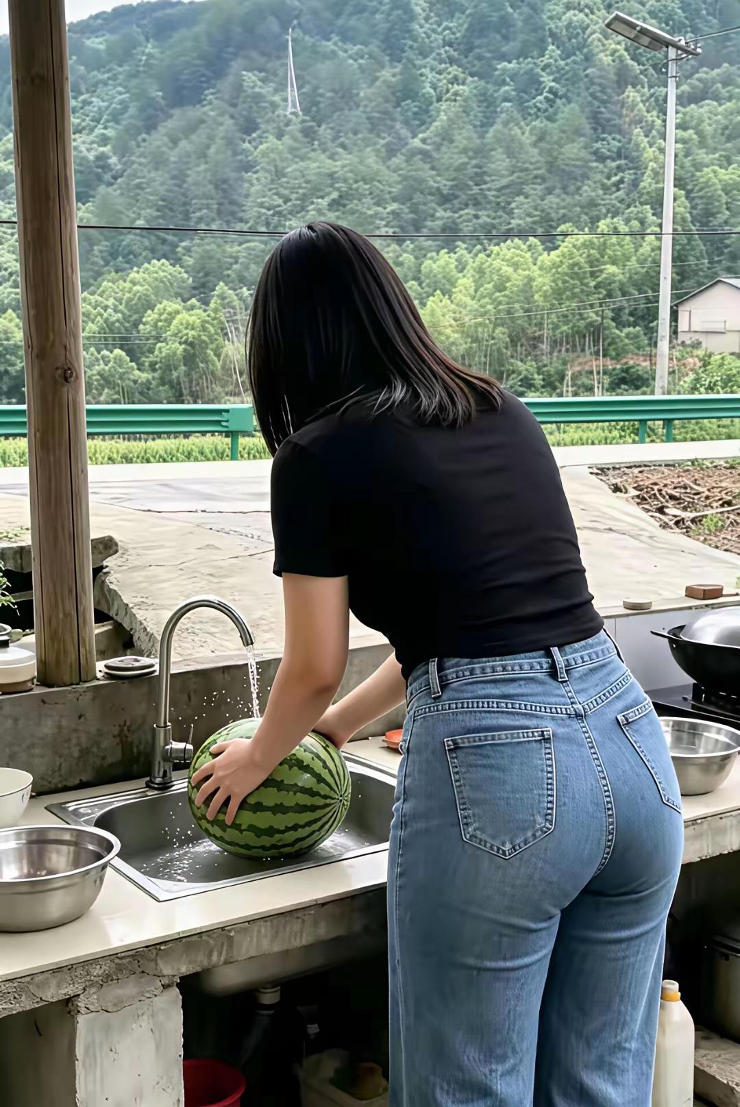 这姑娘正在洗西瓜呢。