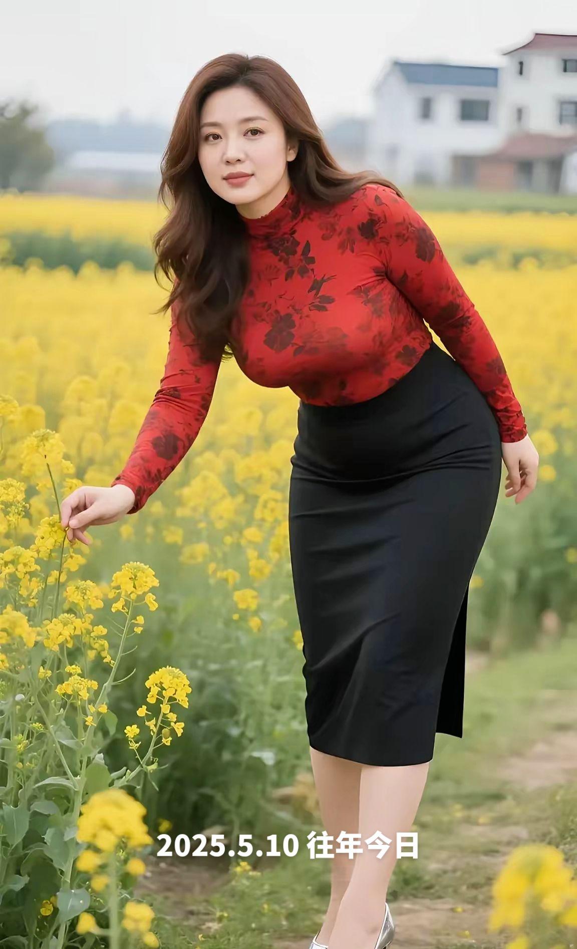 油菜花拍照姿势微胖也自信柔美女性风格