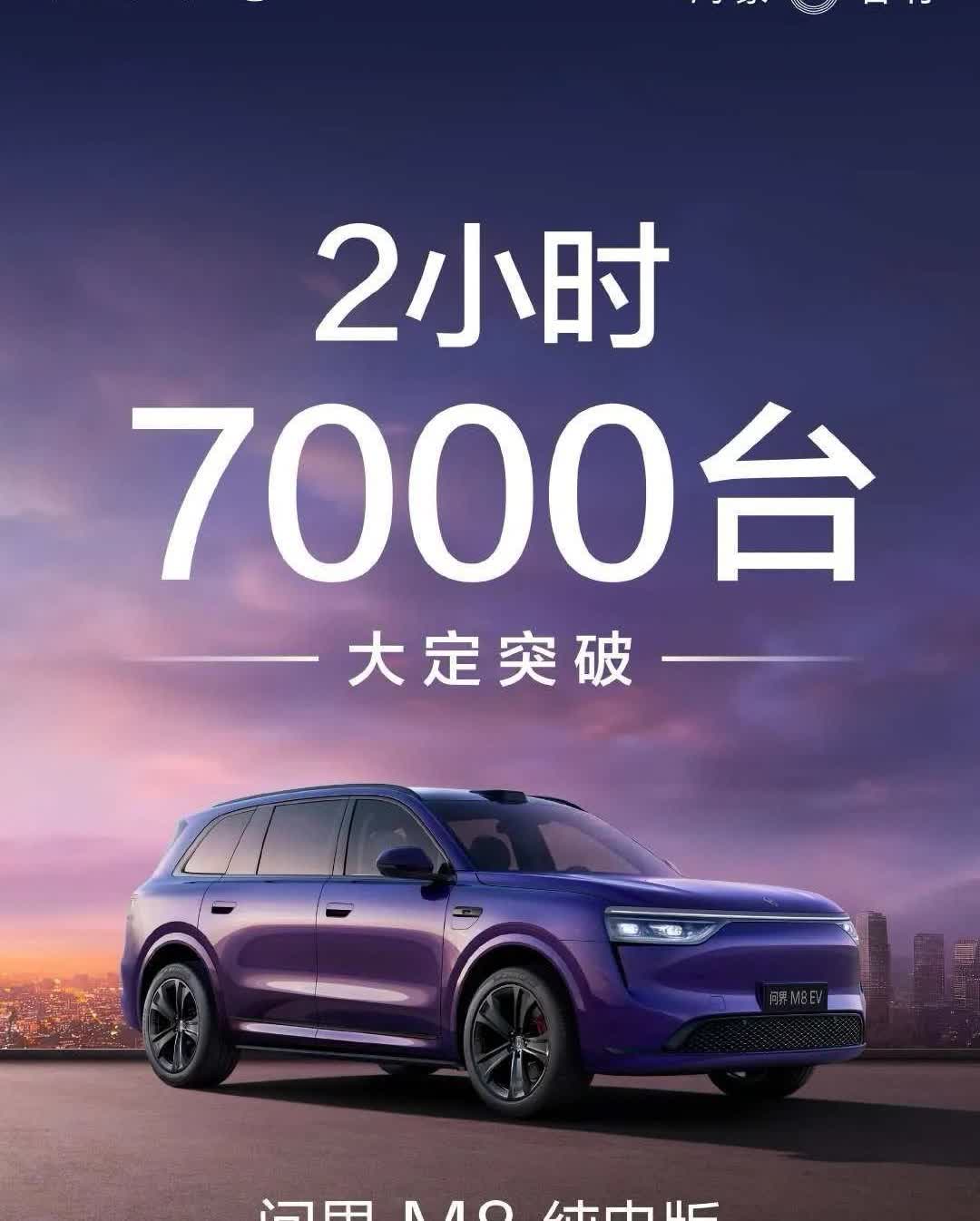 问界纯电M8两小时大定超7000台！看来问界M8还是很火啊！三十五万的车，大