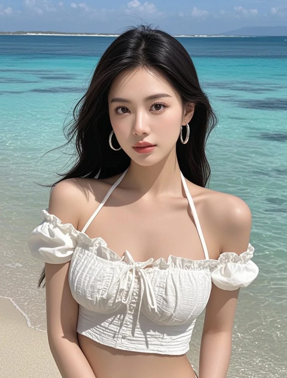绝色美女海边倚栏远望，心随海动