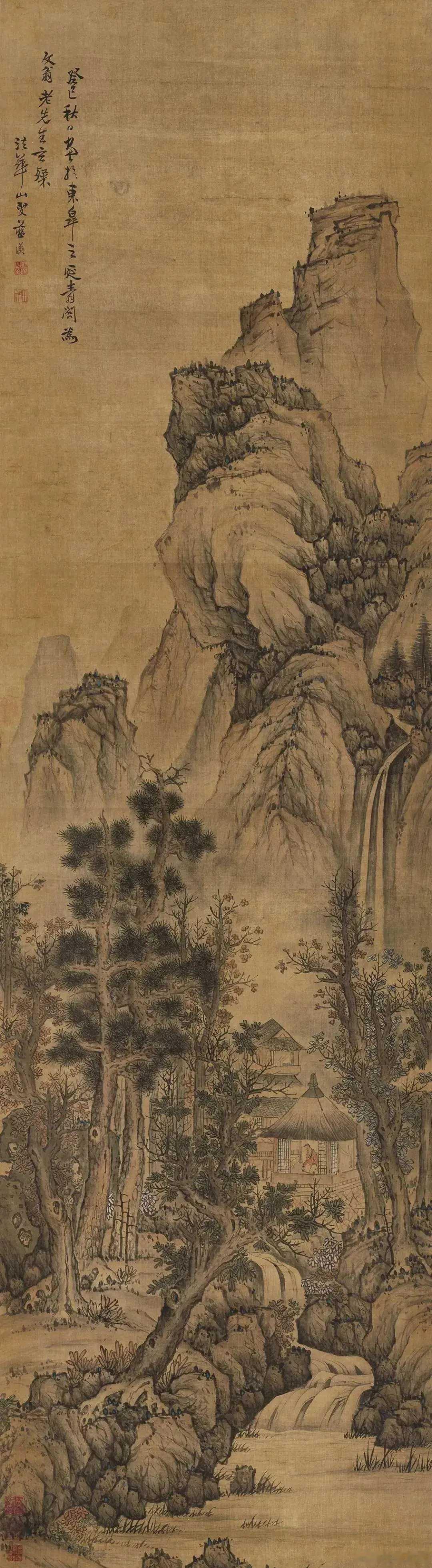 明蓝瑛《秋山听泉图》。尺寸252×68厘米。画面以细腻的笔触和丰富的色彩，勾勒