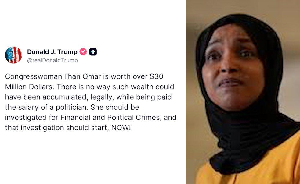 特朗普今发推呼吁对民主党国会议员奥马尔进行财务及政治犯罪方面的调查。特朗普在帖