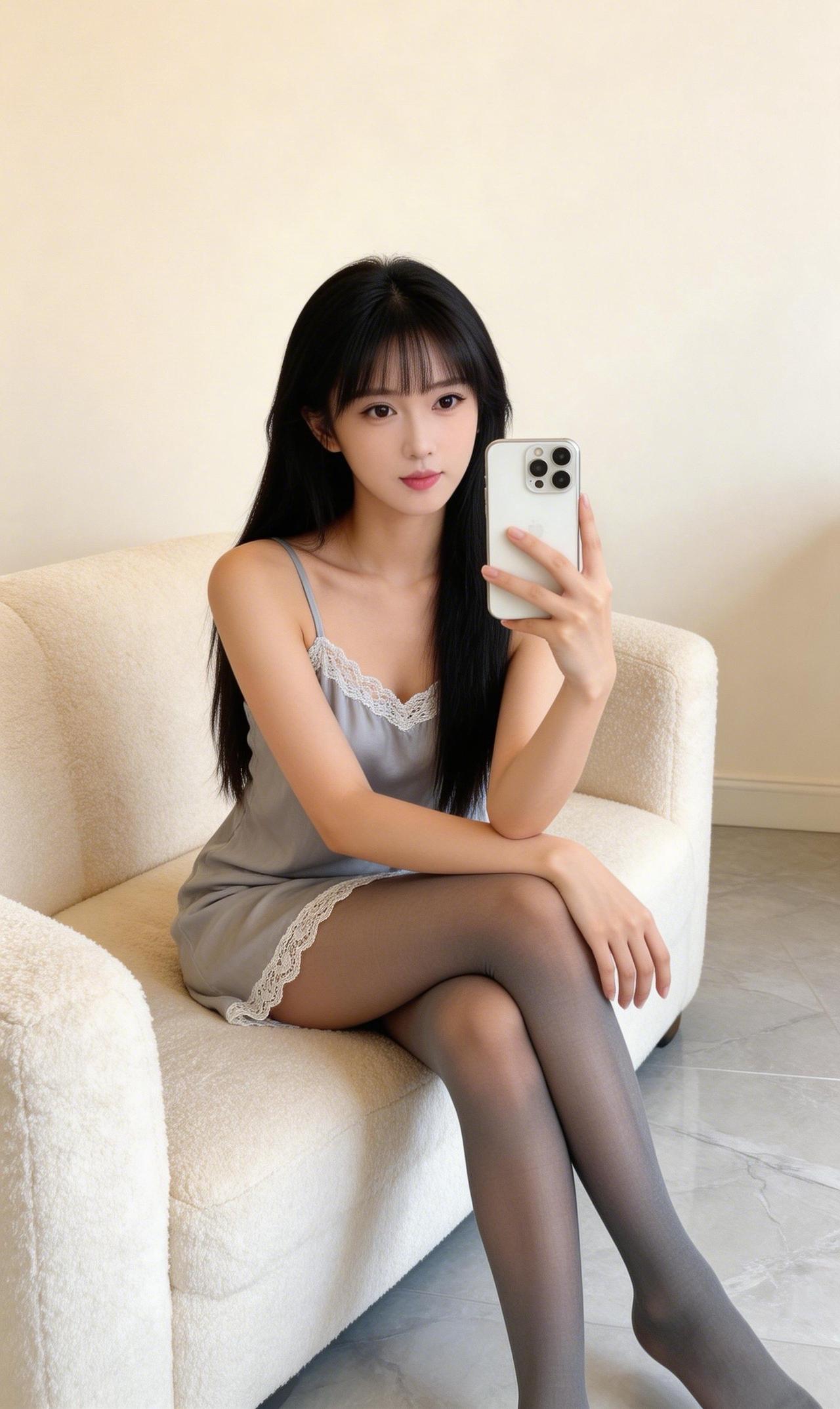 温柔少女风，灰色蕾丝睡衣搭配透明丝袜，自拍美照。柔美睡衣照粉色蕾丝睡衣