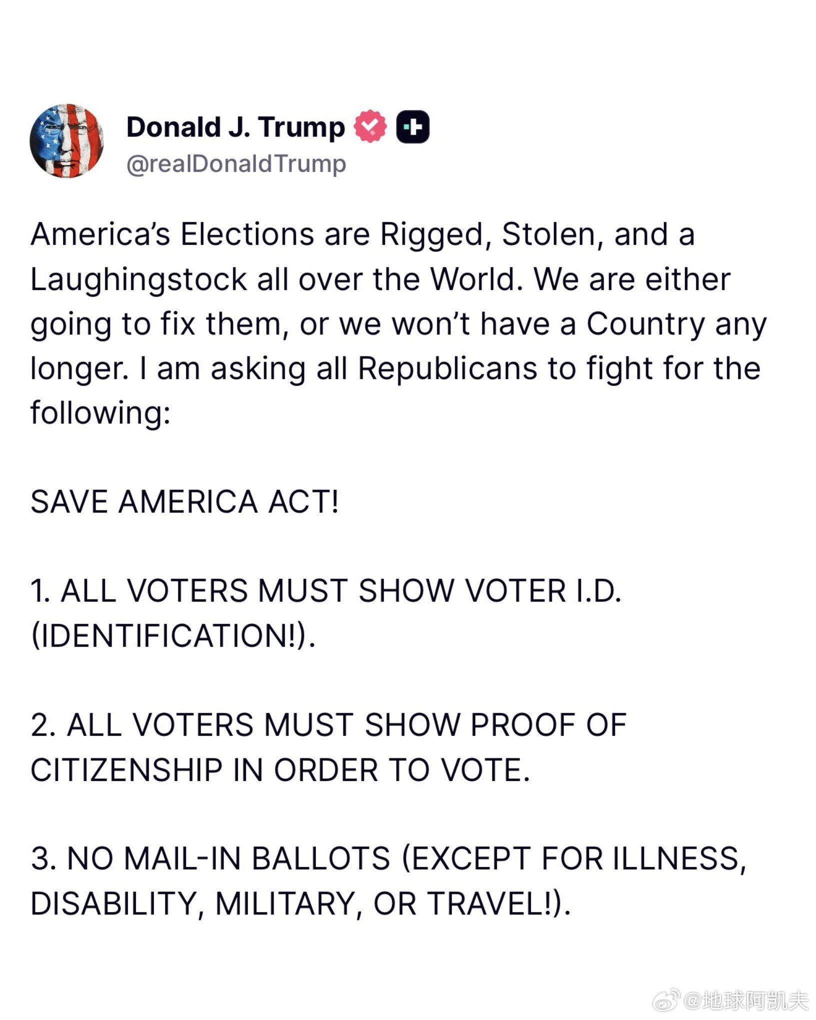 ‼️特朗普总统刚刚要求国会立即通过《拯救美国法案》，以纠正选举舞弊的行为。这是一