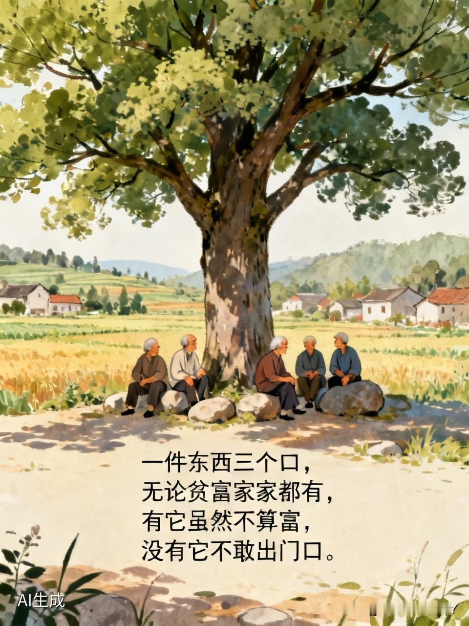 村口有棵大柳树，平日里，老头老太太们闲来无事，就爱聚在这里聊天乘凉。这天，一位