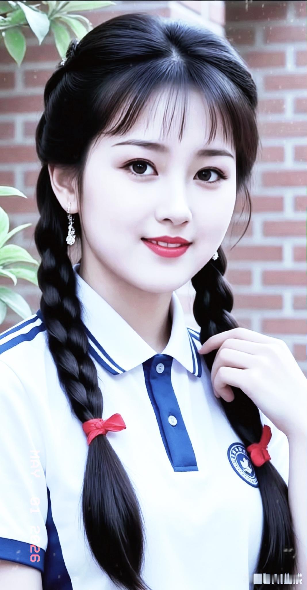 这位小姐姐真可爱，扎着双马尾。