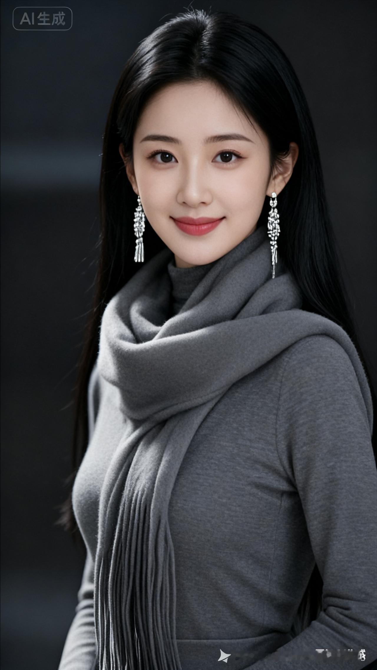灰色调中的一位气质美女，优雅的微笑，搭配时尚的耳环，简单大气，她让我心情愉悦，特