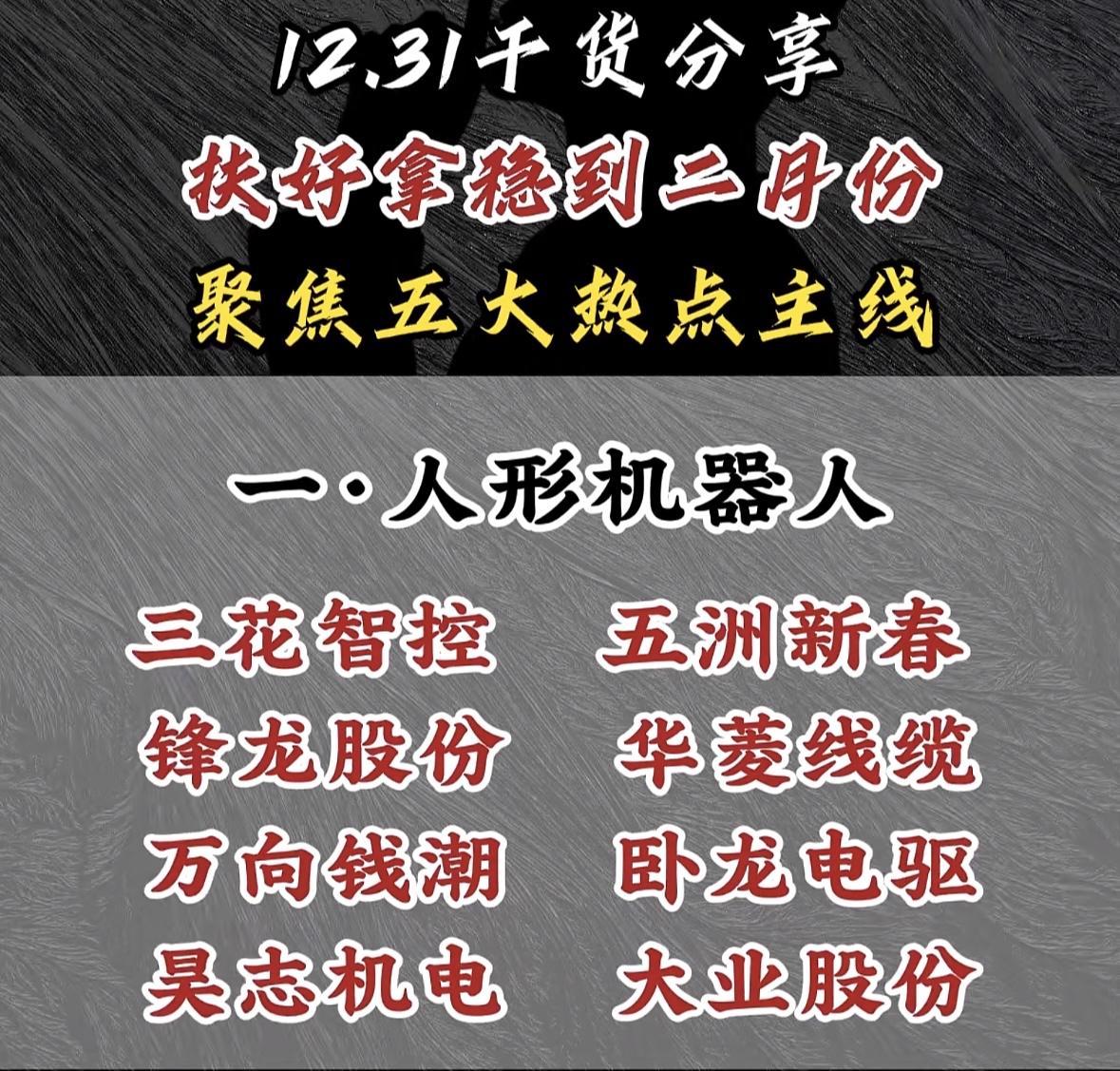 12.31干货分享：五大热点主线，助你稳赢一月！一月份聚焦人形机器人主线，