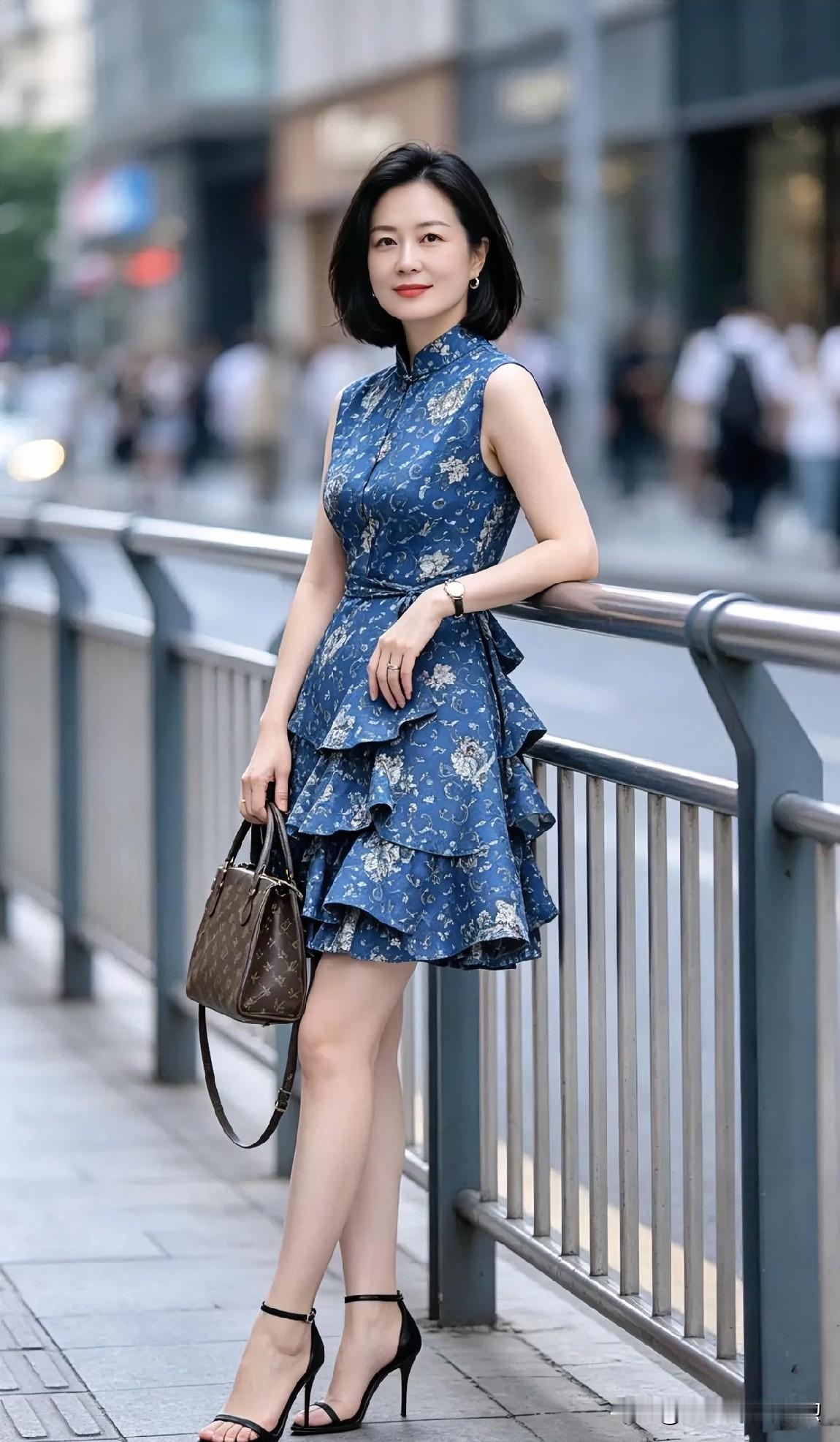 靛蓝碎花凝古韵，层叠裙裾漾风情。她倚街栏，短发温婉，于喧嚣都市中，自成一道古典与