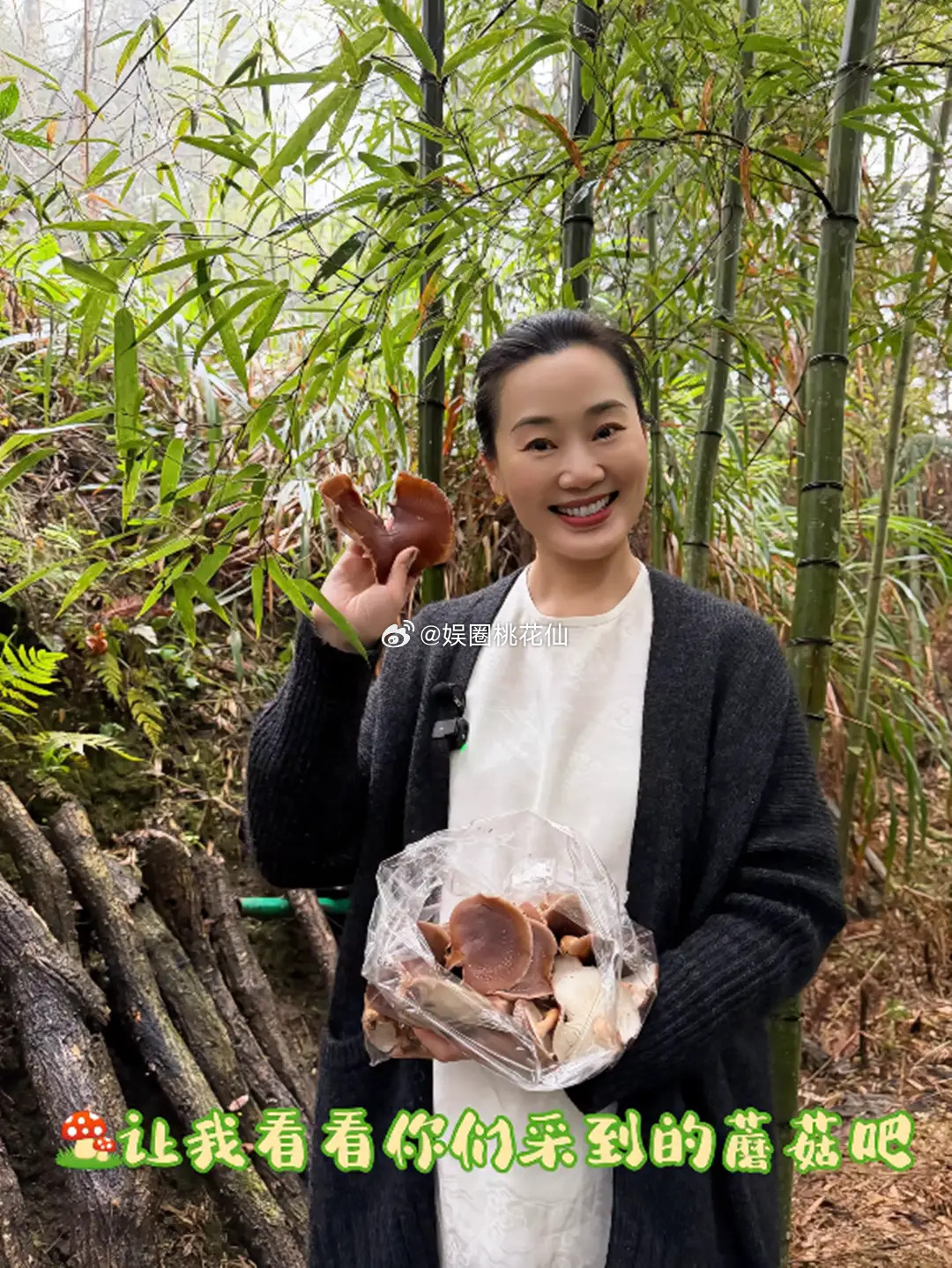 林依轮妻子西华开心在社交平台分享出第一次在山里采蘑菇视频。她还配文写道：“蹲在地