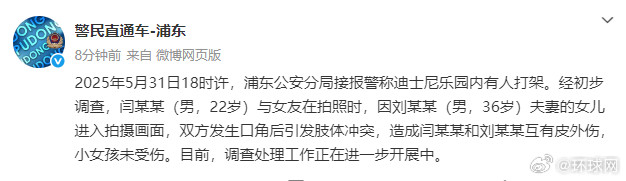 【#上海公安通报迪士尼乐园内打架事件#】6月1日，上海浦东公安分局通报发布通报：