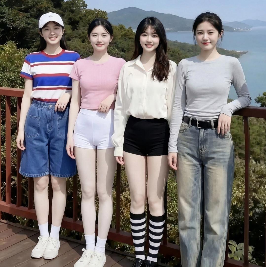 一眼心动！新时代四大美女，各有各的风采四位姑娘同框出镜，站在观景台，蓝天青