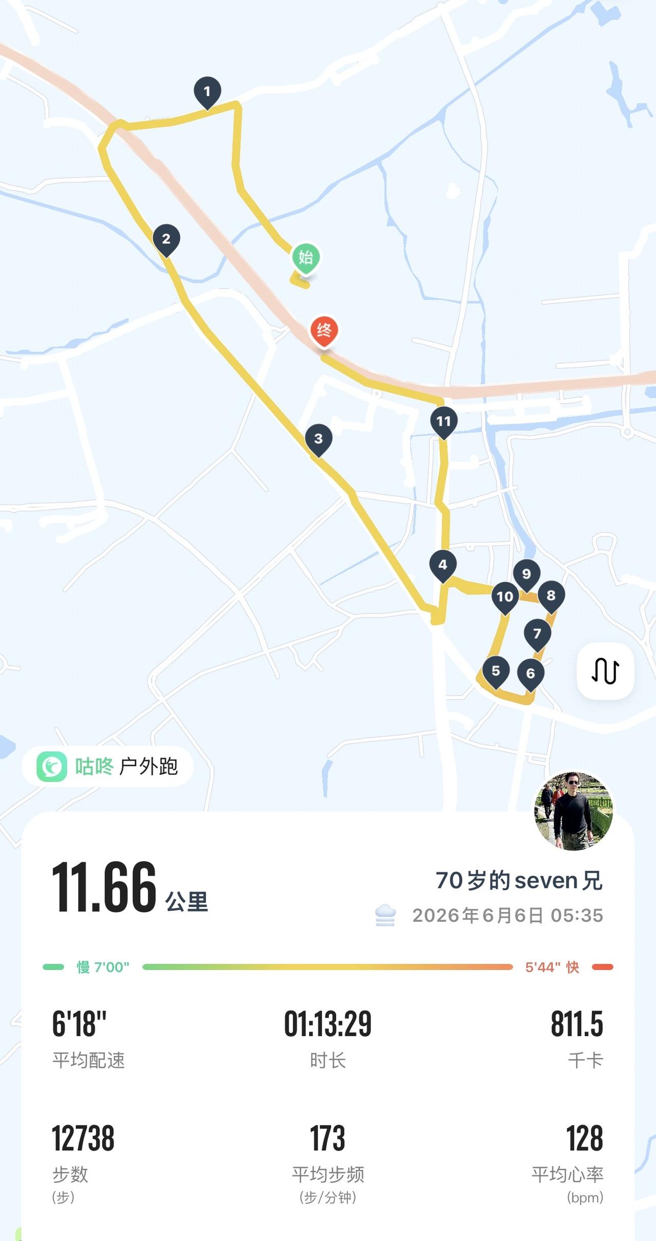 2026.6.6周六晨跑打卡11.66km，日期+里程凑齐一串666666，恰逢