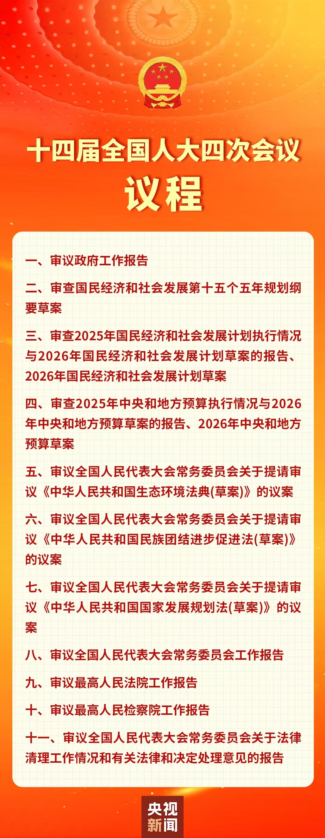 十四届全国人大四次会议议程：除了常规议程外，审议生态环境法典(草案）、民族团结进