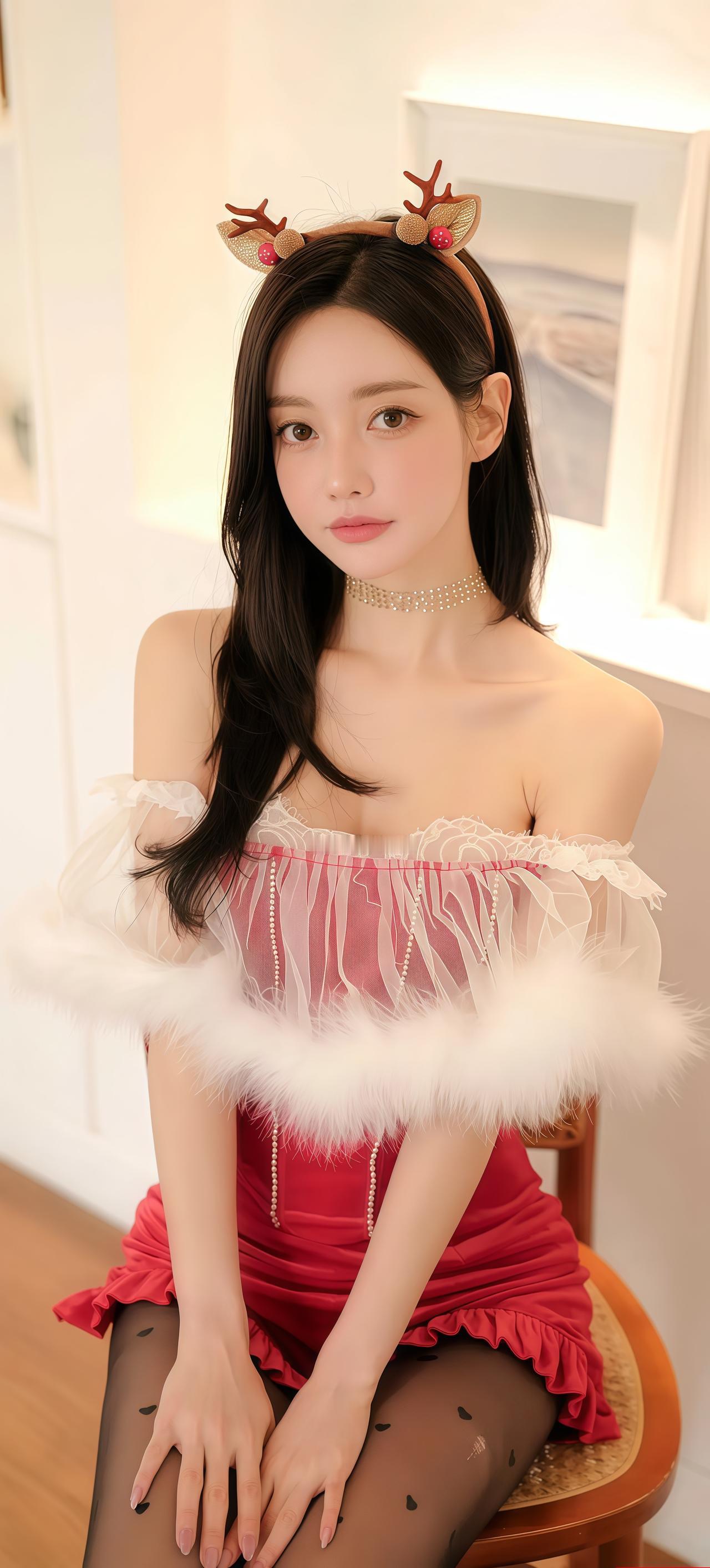 甜美鹿角发饰，红裙少女，优雅气质，拍照必备！