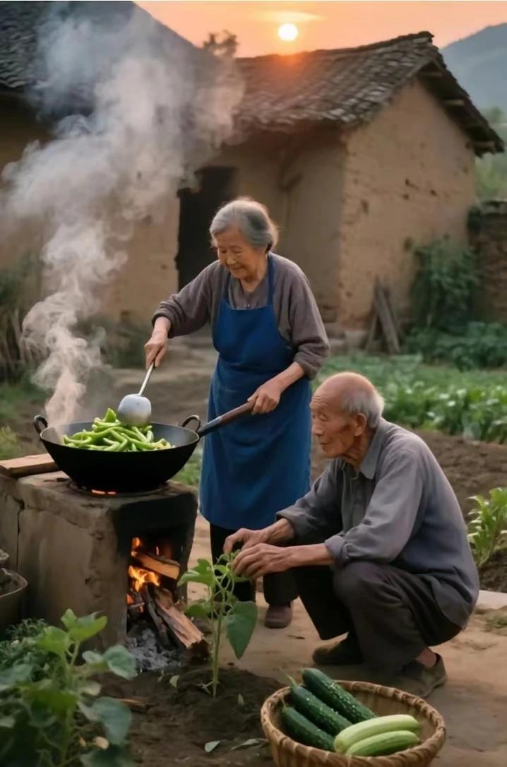 房屋简陋庭院宽，铁锅土灶搭一边。烧火炒菜冒油烟，乡土气息美味鲜。