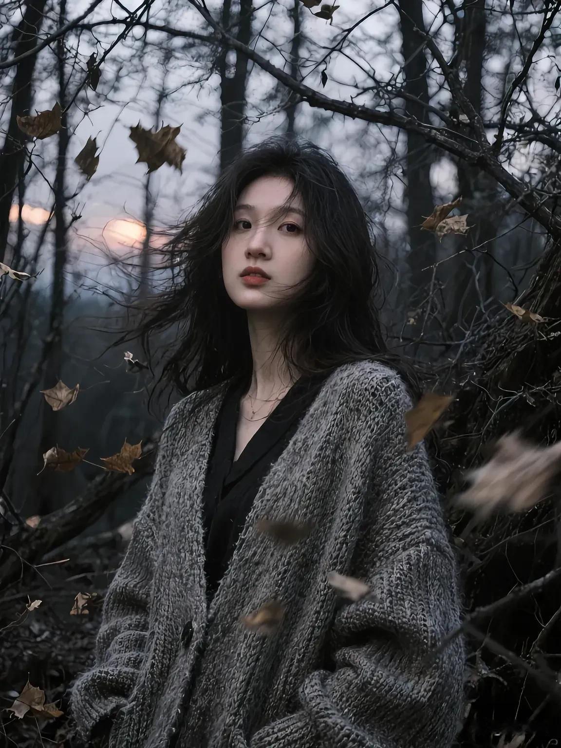 秋日森林中的少女，飘落的树叶与她相映成趣。