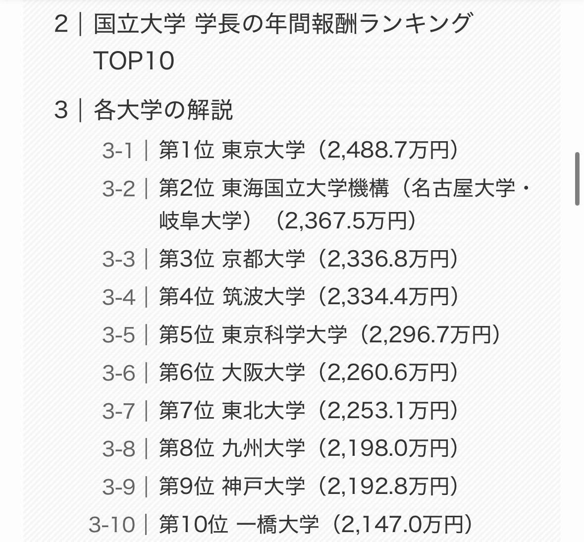 近日发布的一份比较国立大学校长、机构长官等年度薪酬的《国立大学校长年度薪酬排行榜